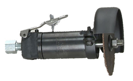 Model 4111GLSK Die grinder with front exhaust and 4" wheel guard with grinding wheel attached.